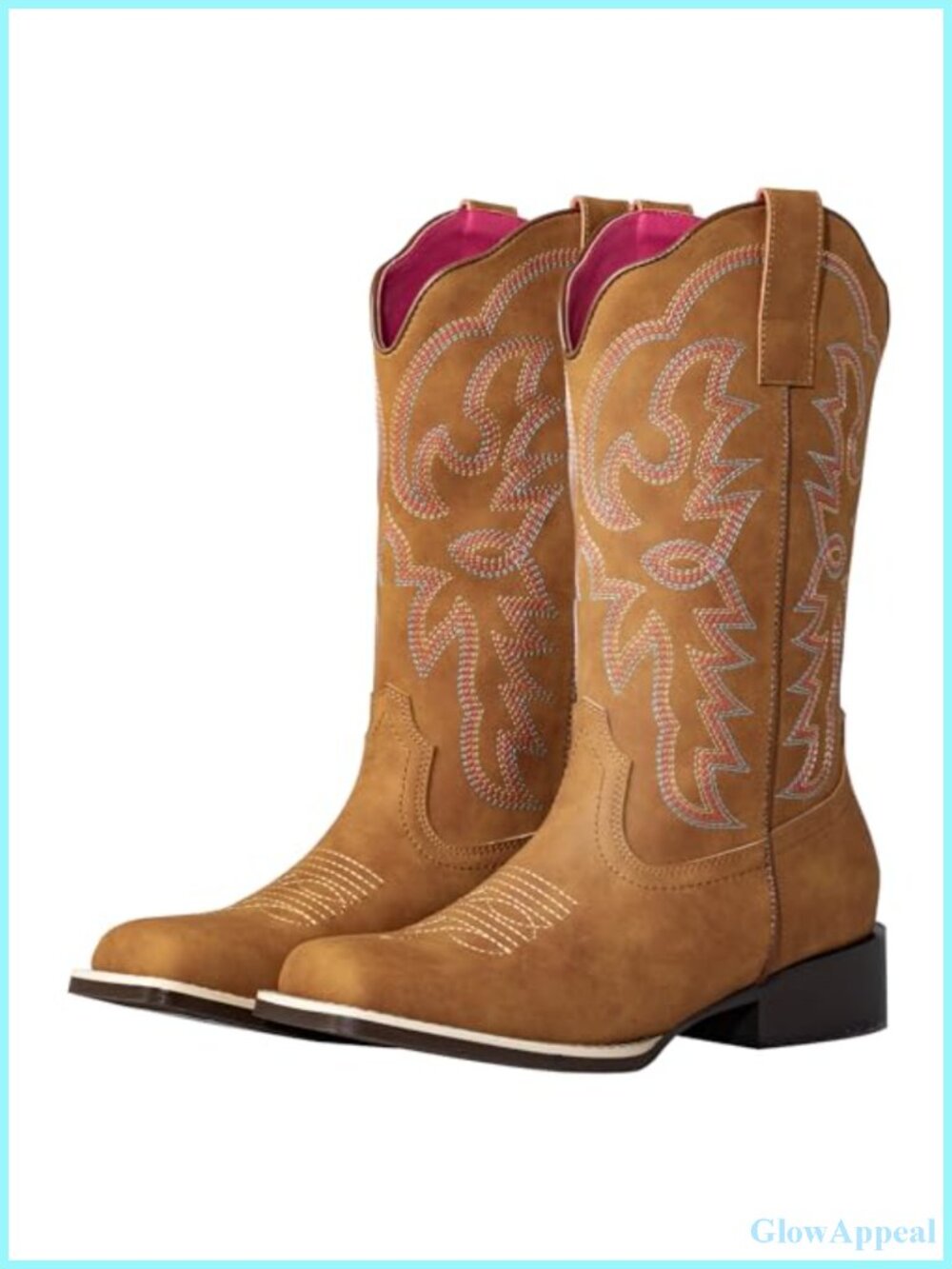 Wide Square Toe Western Cowboy Boots Mid Calf Faux Leather Block Heel